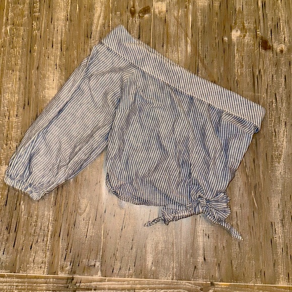 Free People Get Down Blue Striped One Shoulder Crop Top - Picture 4 of 8